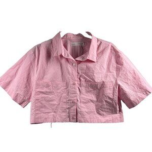 Zara Women's Crop Blouse Top Size 11 / 12 Short Sleeve Solid Pink Adjustable Hem